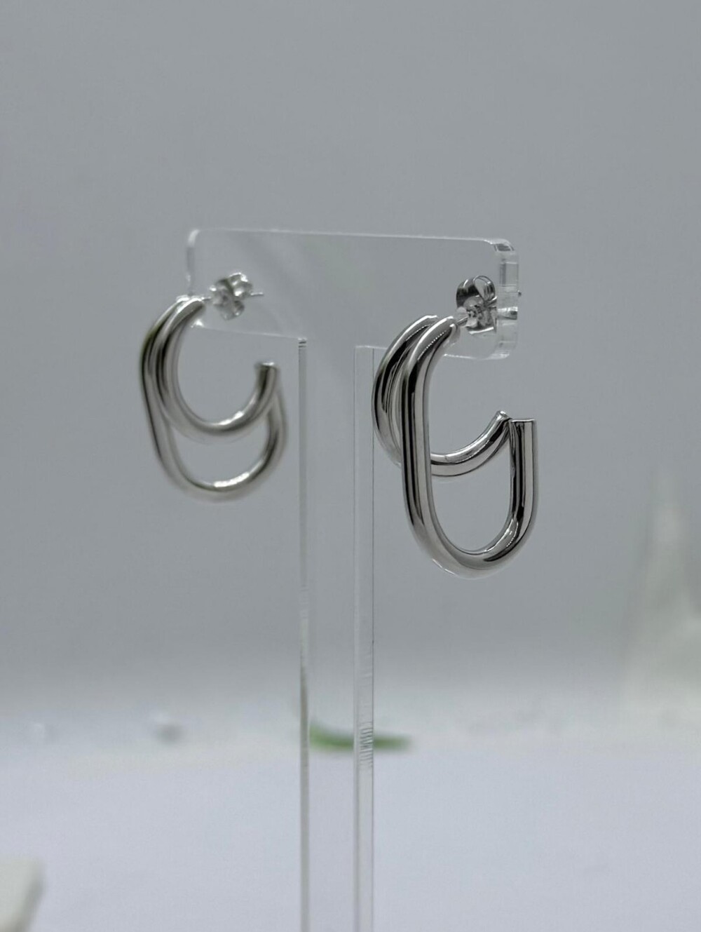 Silver Double Hoop Earrings Chubby Oval Huggie Hoops Statement